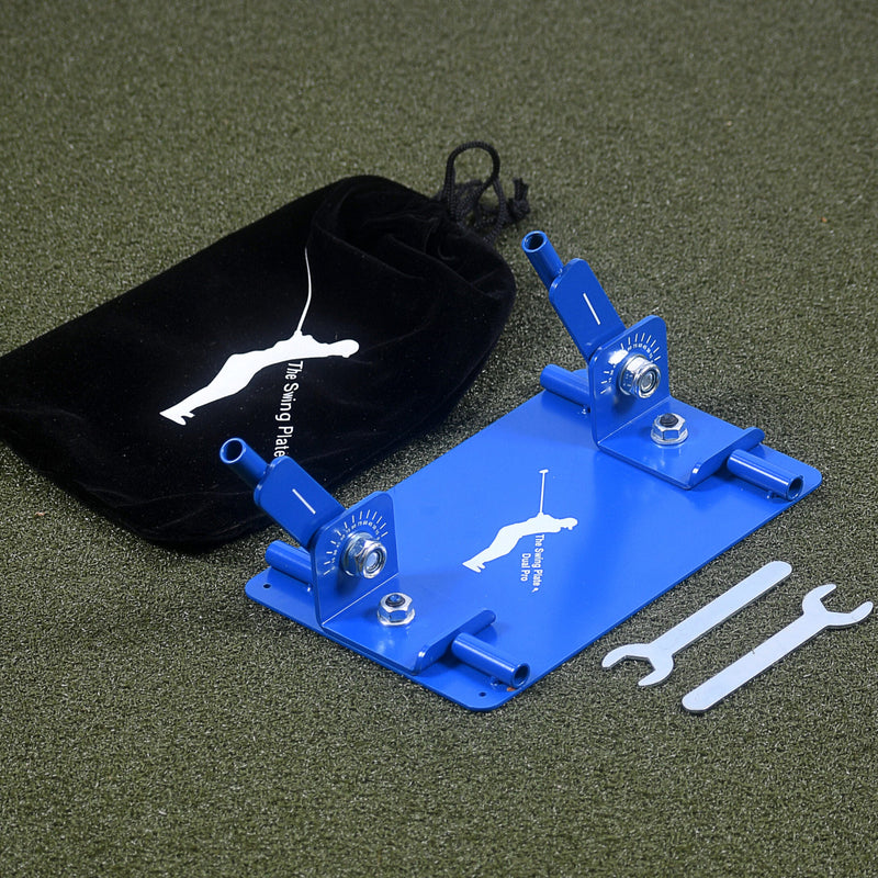 Blue metal tool with white logo on a green textured surface, accompanied by a black pouch.