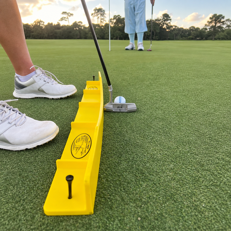 Golfer practicing with the yellow Putting Arc MSIII on an outdoor putting green