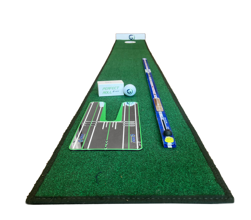The Putting Stick Home Suite! - HomePutt Mat, Putting Stick Pro (Blue), Perfect Roll Mirror + Balls, & No. 3 Putt Cup