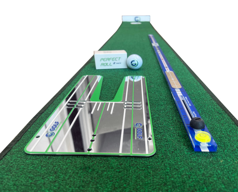 The Putting Stick Home Suite! - HomePutt Mat, Putting Stick Pro (Blue), Perfect Roll Mirror + Balls, & No. 3 Putt Cup