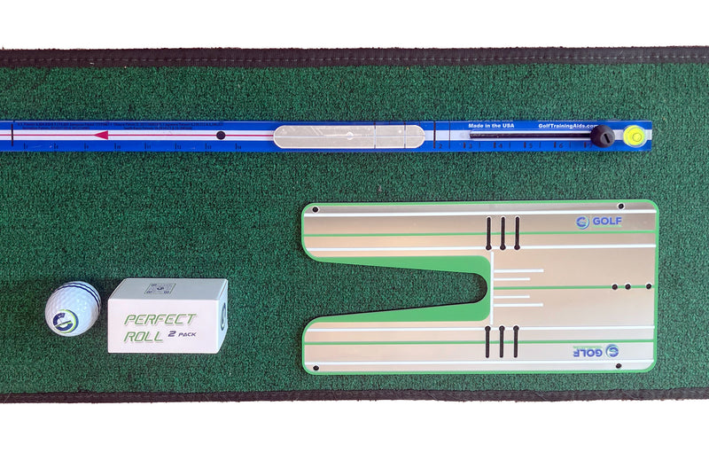 The Putting Stick Home Suite! - HomePutt Mat, Putting Stick Pro (Blue), Perfect Roll Mirror + Balls, & No. 3 Putt Cup