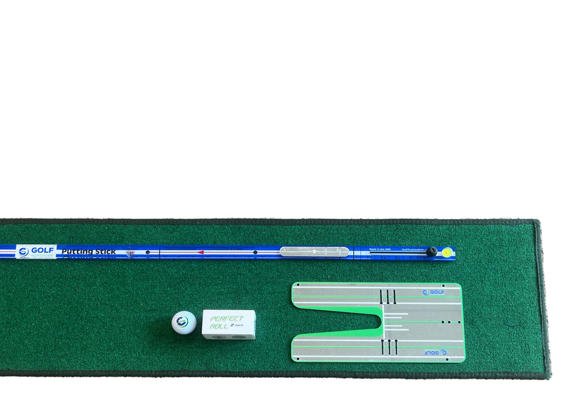 The Putting Stick Home Suite! - HomePutt Mat, Putting Stick Pro (Blue), Perfect Roll Mirror + Balls, & No. 3 Putt Cup
