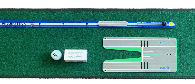 The Putting Stick Home Suite! - HomePutt Mat, Putting Stick Pro (Blue), Perfect Roll Mirror + Balls, & No. 3 Putt Cup