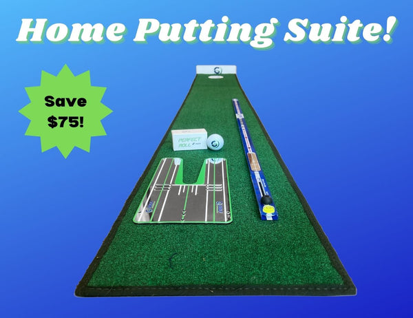 The Putting Stick Home Suite! - HomePutt Mat, Putting Stick Pro (Blue), Perfect Roll Mirror + Balls, & No. 3 Putt Cup